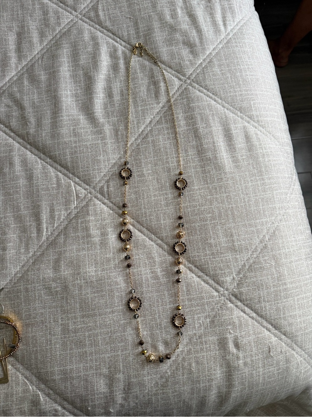 Long Gold-Tone Beaded Necklace with Round Accents